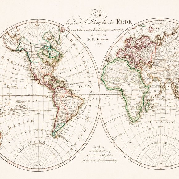 13x19" Vintage german world map 1806 19th century wall art map poster art print - Picture 2 of 2